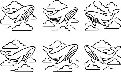 Whale flying through clouds vector illustration set