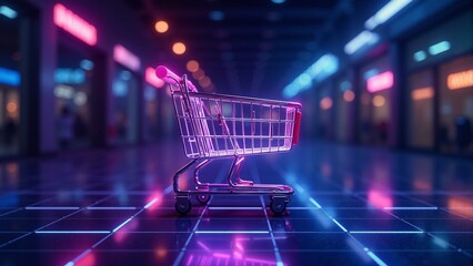 Futuristic shopping cart glows in neon lights, reflecting a digital marketplace at dawn with bustling shoppers in the background