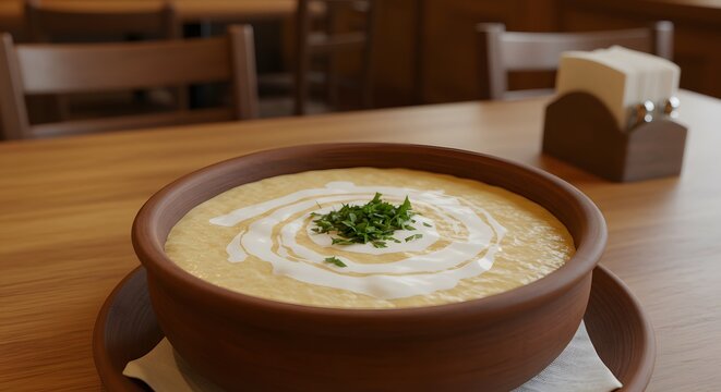 A ceramic bowl of dovga with yogurt and herbs on a restaurant table