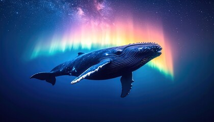 Fototapeta premium Humpback Whale Swimming Underwater with Aurora Borealis.