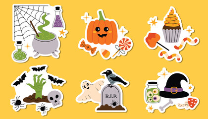 Obraz premium Set of Halloween stickers with spooky still life: pumpkin, cauldron, candies, zombie hand, witch hat, spiders, bones and more.