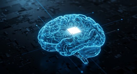 Digital brain with glowing neural network and central processing unit
