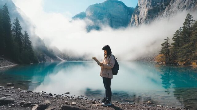 Woman reading map by mountain lake on misty morning