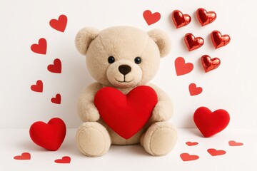 Adorable plush teddy bear holding a heart within a backdrop of scattered heart shapes signifying love affection and joyful emotions in a charming bright setting