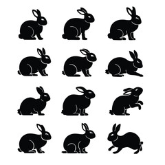 Obraz premium A collection of black rabbit silhouettes in various poses, 