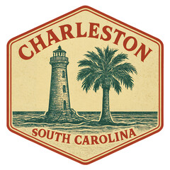 Fototapeta premium Charleston, South Carolina, depicted in a vintage lighthouse and palm tree badge design. Vintage emblem badge patch, retro design, transparent background