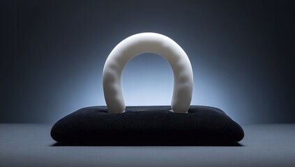 A smooth, white, arched object sits atop a dark, plush base