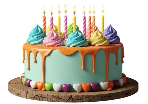 Birthday cake with candles isolated on transparent background