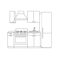 Minimalist Kitchen Design Illustration with Stove, Sink, Cabinets and Refrigerator, Offering a Clean and Functional Aesthetic for Modern Living Spaces
