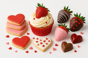 Delightful assortment of heart-shaped cookies chocolate dipped strawberries and a beautifully frosted cupcake topped with a fresh strawberry showcasing love and celebration