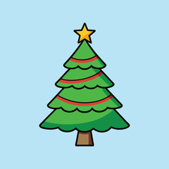 Cartoon Christmas tree with star on top and red ribbon decoration