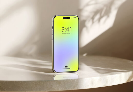 Smartphone Mockup Standing on Marble Table with Soft Shadows