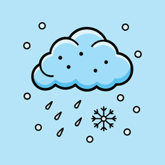 A simple cartoon of a cloud raining and snowing on a blue background
