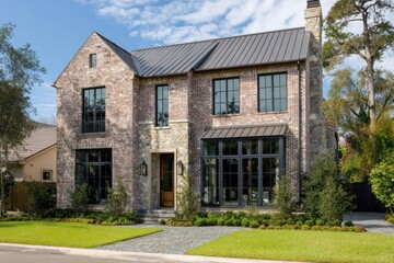 This contemporary brick home features expansive windows that invite in abundant natural light, surrounded by lush landscaping, all set in a tranquil suburban neighborhood on a bright, sunny day