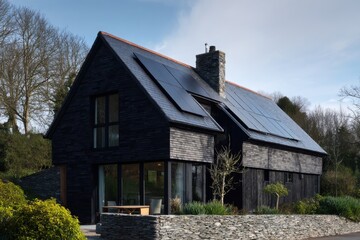 Obraz premium A sleek, contemporary black house equipped with solar panels sits harmoniously amidst lush greenery, all beneath a bright, clear blue sky during the day