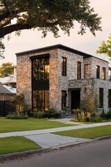 A contemporary brick house featuring expansive windows and a beautifully landscaped yard, all set against the backdrop of a stunning sunset in a tranquil suburban neighborhood