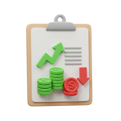 Financial Report with Green Arrow Up and Red Coins Down