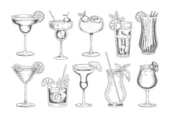 Hand drawn cocktail glass collection with lemon and mint garnish. Vintage engraved set of refreshing summer drinks.