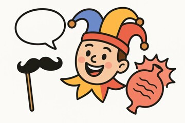 Colorful jester character holding a candy prop expressing joy and playfulness with a cheerful smile inviting imagination and creativity in a whimsical artistic style