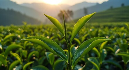 Fototapeta premium 朝日輝く緑茶畑の芽生え、鮮やかな新緑と山々の風景