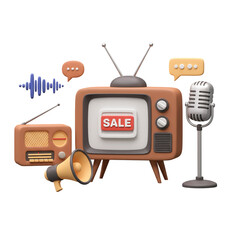 Vintage Media Broadcast Equipment with Sale Sign on Transparent Background