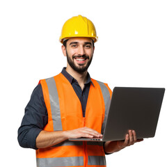 Smiling construction worker wearing yellow hard hat and orange safety vest holding a laptop isolated on transparent background