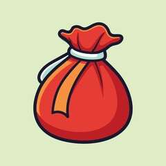 Cartoon Illustration of a Red Fabric Bag Tied with White Ribbon, Light Green Background