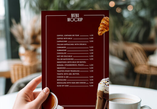 Coffee Shop Menu Mockup Held by Hand with Breakfast Setup