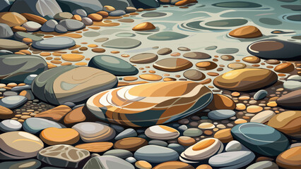Fototapeta premium Smooth riverbed stones in varied earth tones arranged in a circular pattern on wet pebbly shore