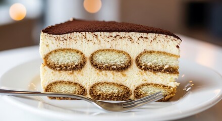 Close-up of a slice of tiramisu cake with ladyfingers, cream layers, and cocoa powder topping on a white plate with a fork.