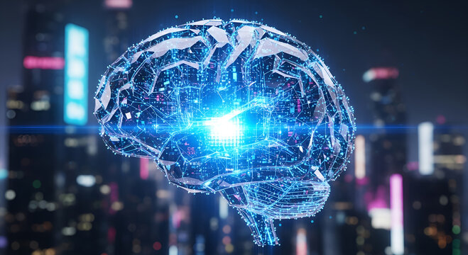 Glowing digital brain over cityscape symbolizing artificial intelligence - Powered by Adobe