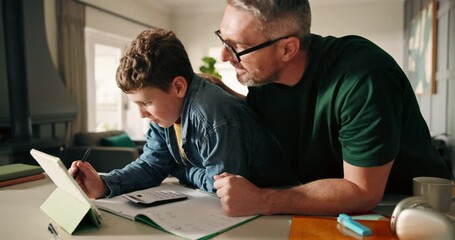 Distance learning, tablet or writing with father and son in kitchen for homeschooling or lesson. App, calculator or math with single parent man and boy student in apartment for child development - Powered by Adobe