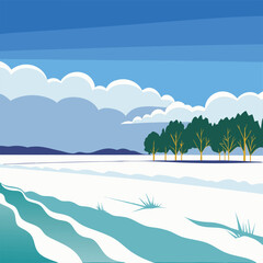 Obraz premium Stylized Winter Landscape with Snow Covered Field and Trees under Cloudy Sky