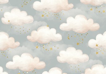 Seamless Watercolor Cloud and Star Pattern on Blue Background