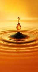 A single golden drop of liquid impacting a surface, creating concentric ripples