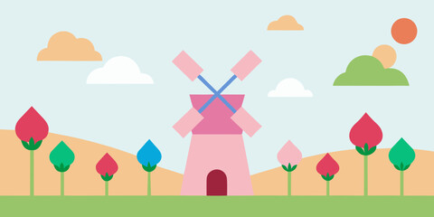 windmill field tulips pastel sky birthday