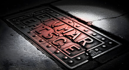 Broken Sewer Cover With Dark Tones And Red Highlights For Dramatic Effect