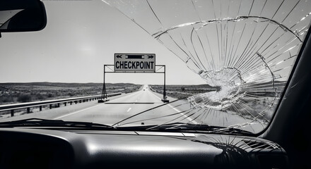 Obraz premium Broken Windshield Obstructs View Of Checkpoint On Remote Desert Highway