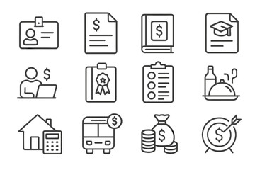 Student Finance Icons. Line style icons of student finance: student ID card, tuition bill, textbook cost icon, loan form,