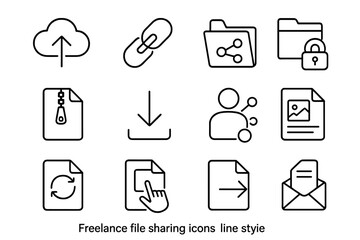 Freelance File Sharing Icons. Line style icons of freelance file sharing: upload cloud, link icon, shared folder, permission lock,