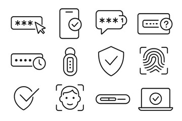 2FA Icons Collection. Line style icons of two-factor authentication: 2FA code input, mobile verification, SMS pin icon,