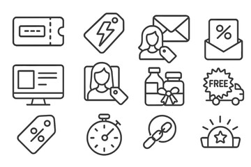 Promotional Icons Collection. Line style icons of promotional tools: coupon code, flash sale, email offer, ad banner, influencer