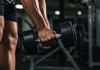 ダンベルを持ち上げる力強い腕、暗いジムの背景で力強く輝く筋肉、健康的な生活、筋トレ、フィットネス