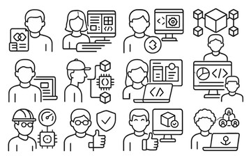 Blockchain Developer Roles Icons. Line style icons of blockchain developer roles: smart contract dev, frontend dApp dev, backend