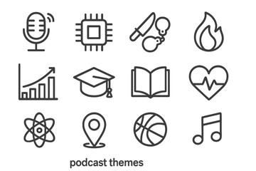 Podcast Theme Icons. Line style icons of podcast themes: comedy mic, tech chip, true crime icon, motivation flame, finance chart,