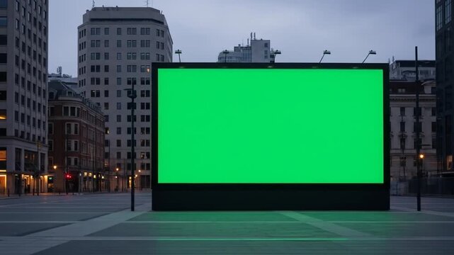 Empty Green Screen Billboard in City at Dusk