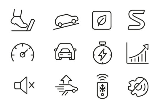 EV Feature Icons. Line style icons of EV driving features: one-pedal driving, hill hold assist, eco mode button, sport mode symbol