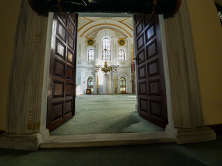 &lsquo;Istanbul, Turkey, 02.08.2025: A photograph taken inside the K&uuml;&ccedil;&uuml;k Mecidiye Mosque in Istanbul, built by Ottoman Sultan Abdulmecid.&rsquo;