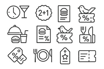 Restaurant Offer Icons. Line style icons of restaurant special offers: happy hour icon, two-for-one badge, meal combo tag, lunch
