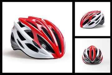 Photo of the icon from different angles: straight, top, side, unique studio shooting, art modern design without shadows, and a white background bicycle bright helmet
